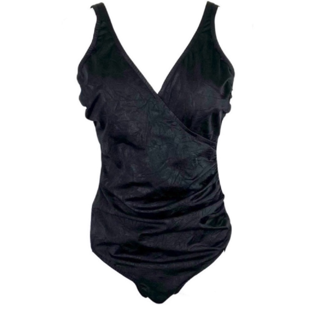 Miraclesuit Crossover V-Neck One Piece Swimsuit Size 14 Black Crinkle
